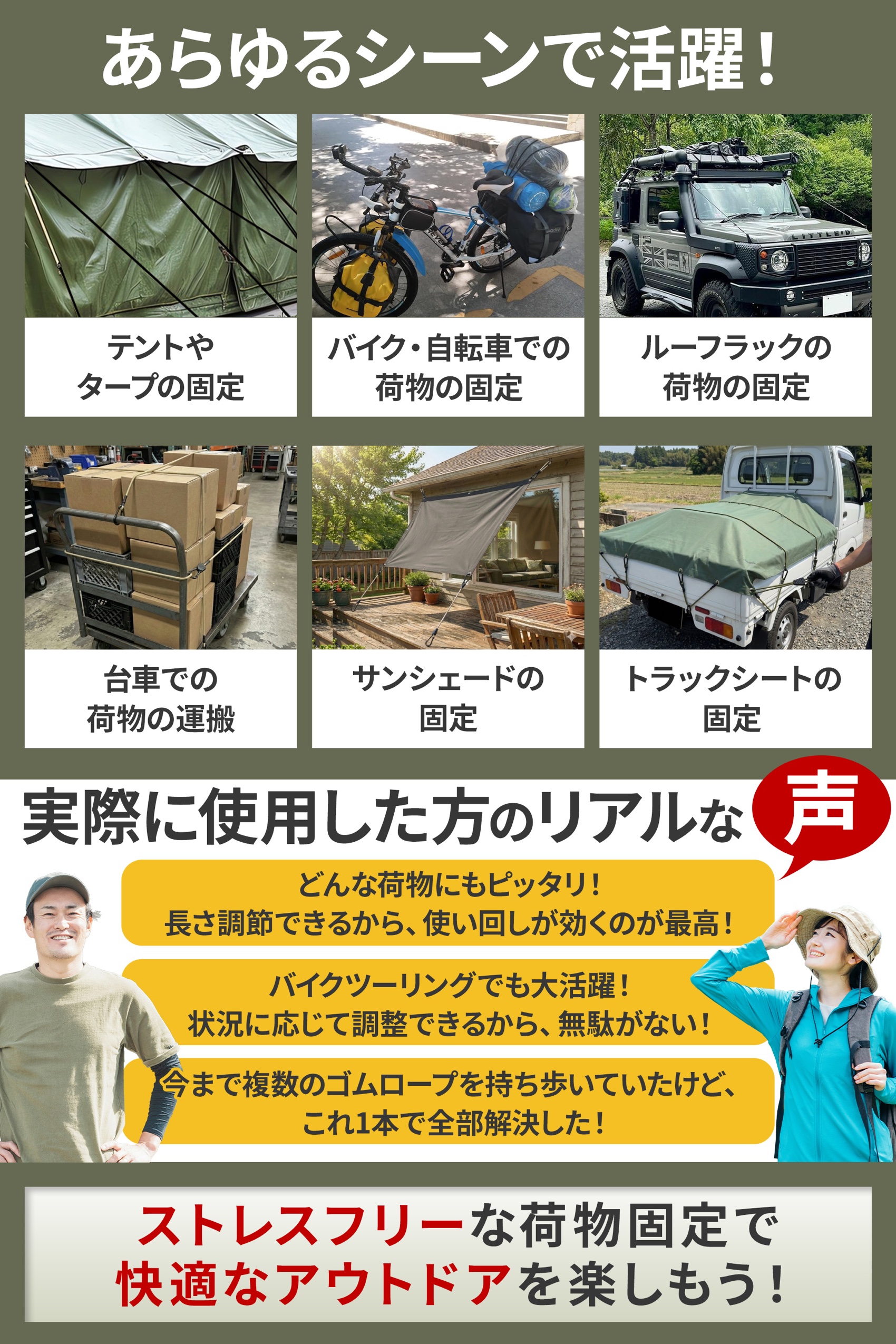 キャンプ、車載、台車、サンシェード、トラックシートでの使用シーン